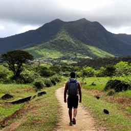 Caribbean Holidays, Haiti Backpacking, Mountain landscape and lush green countryside in Haiti with a backpacker walking on a safe marked trail