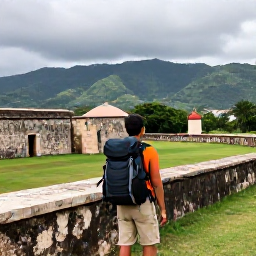 Caribbean Holidays, Haiti Backpacking October, A backpacker exploring the historic Citadelle Laferri&egrave;re in northern Haiti, with green mountains and cloudy October skies