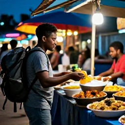 Caribbean Holidays, Haiti Backpacking October, A friendly Haitian street-food vendor serving a backpacker at a busy evening market, with colourful lights and traditional dishes