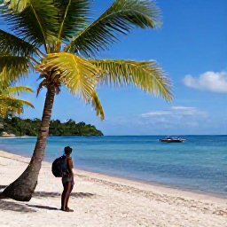 Caribbean Holidays, Haiti Backpacking October, A sunny Haitian coastline near Jacmel with a backpack, palm trees, calm blue water and a small fishing boat