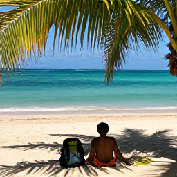 Caribbean Holidays, Haiti Backpacking, Palm-fringed beach near Jacmel, Haiti, with clear turquoise water and a backpacker relaxing in the shade in May
