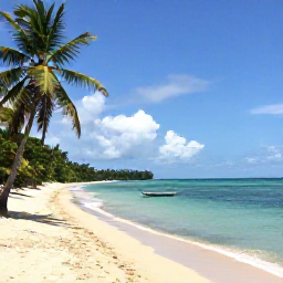 Caribbean Holidays, Haiti Backpacking, Quiet Caribbean coastline near Jacmel, Haiti, with palm trees, clear water and a small fishing boat
