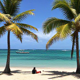 Caribbean Holidays, Haiti Backpacking, Quiet tropical beach in Haiti with clear turquoise water, palms, fishing boats and a backpacker relaxing near the shoreline