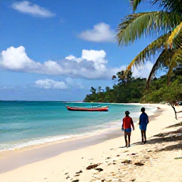 Caribbean Holidays, Haiti Backpacking, Relaxed backpackers beside the turquoise water and sandy beach at Jacmel, Haiti, with fishing boats and tropical vegetation in August