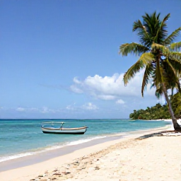Caribbean Holidays, Haiti Beach Holidays, A bright Caribbean beach in Haiti with turquoise water, soft sand, palm trees and a small traditional fishing boat