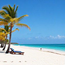 Caribbean Holidays, Haiti Beach Holidays, A bright sandy beach in Haiti in May, with turquoise Caribbean water, palm trees and a few relaxed sun loungers
