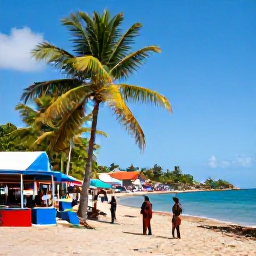 Caribbean Holidays, Haiti Beach Holidays, A colourful Haitian coastal village with palm trees, local people, market stalls and the Caribbean Sea in the background