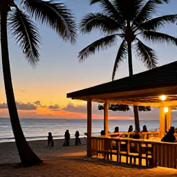Caribbean Holidays, Haiti Beach Holidays, A comfortable small beach hotel in Haiti with an open-air terrace, palm trees and guests enjoying an October sunset over the sea