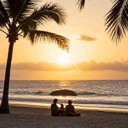 Caribbean Holidays, Haiti Beach Holidays, A couple enjoying a relaxed sunset on a Haitian beach in August, with warm golden light, palm silhouettes and gentle waves