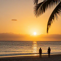 Caribbean Holidays, Haiti Beach Holidays, A couple enjoying a sunset on a Haitian beach, with warm golden light, palm silhouettes and calm Caribbean waves