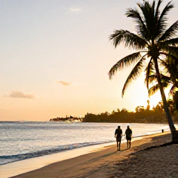 Caribbean Holidays, Haiti Beach Holidays, A couple walking along a quiet Haitian beach at sunset, with calm water, palm silhouettes and warm golden light