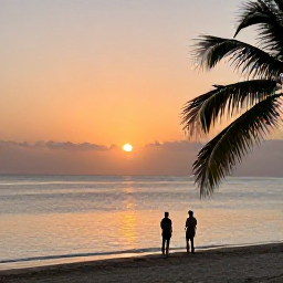 Caribbean Holidays, Haiti Beach Holidays, A couple watching the sunset from a Haitian beach, with calm waves, palm silhouettes and warm evening light