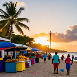 Caribbean Holidays, Haiti Beach Holidays, A friendly Haitian coastal town at sunset, with a colourful market, local food stalls, palm trees and visitors enjoying the relaxed atmosphere