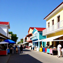 Caribbean Holidays, Haiti Beach Holidays, A Haitian coastal town in August with colourful buildings, local market stalls and visitors exploring the street