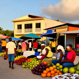 Caribbean Holidays, Haiti Beach Holidays, A lively Haitian coastal market with colourful fruit, local crafts, friendly people and historic buildings in warm afternoon light
