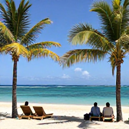 Caribbean Holidays, Haiti Beach Holidays, A peaceful Haitian beach resort with sun loungers, swaying palms, clear blue water and visitors relaxing beside the sea