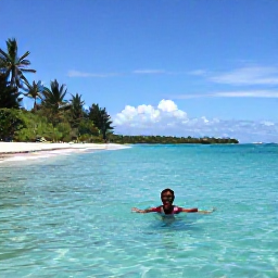 Caribbean Holidays, Haiti Beach Holidays, A peaceful Haitian beach with a traveller swimming in calm clear water, tropical greenery and a bright blue Caribbean sky