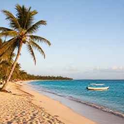 Caribbean Holidays, Haiti Beach Holidays, A quiet Haitian beach at golden hour in October, clear turquoise water, palm trees and a small traditional fishing boat