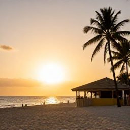 Caribbean Holidays, Haiti Beach Holidays, A relaxed sunset over a Haitian beach with warm golden light, palm silhouettes and a small beachfront restaurant