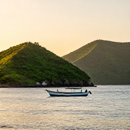 Caribbean Holidays, Haiti Beach Holidays, A scenic Haitian coastal landscape with green hills, a traditional fishing boat and a warm late-afternoon sky in May