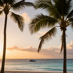 Caribbean Holidays, Haiti Beach Holidays, A scenic Haitian coastline at sunset with calm turquoise sea, palm trees, warm golden light and a small boat near the shore