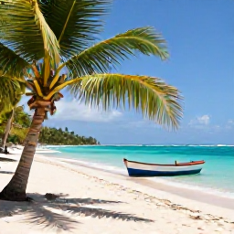 Caribbean Holidays, Haiti Beach Holidays, A sunny Haitian beach with turquoise water, palm trees and a small fishing boat near the shore