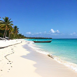 Caribbean Holidays, Haiti Beach Holidays, A tranquil Haitian beach with clear turquoise water, soft pale sand, palm trees and a small traditional fishing boat