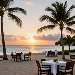 Caribbean Holidays, Haiti Beach Holidays, A welcoming Haitian beachfront hotel at sunset, with comfortable outdoor seating, palm trees and the Caribbean Sea beyond