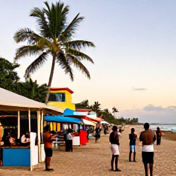 Caribbean Holidays, Haiti Beach Holidays, Colourful Haitian seaside town at sunset, with local market stalls, music, palm trees and visitors exploring the culture