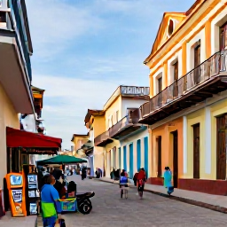 Caribbean Holidays, Haiti Beach Holidays, Colourful Jacmel street in Haiti with colonial architecture, local artwork, market stalls and visitors exploring in warm daylight
