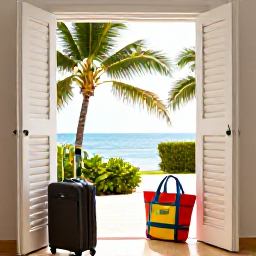 Caribbean Holidays, Haiti Beach Holidays, Comfortable Caribbean hotel room in Haiti with open shutters, a small suitcase, beach bag and glimpse of palm trees outside