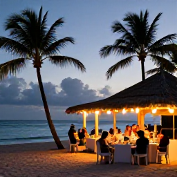 Caribbean Holidays, Haiti Beach Holidays, Comfortable Haitian beach resort at dusk, with palm trees, calm sea, warm lights and holiday guests dining outdoors