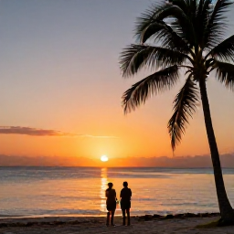 Caribbean Holidays, Haiti Beach Holidays, Couple watching a vivid Caribbean sunset from a Haitian beach, with palm silhouettes and calm water
