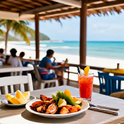 Caribbean Holidays, Haiti Beach Holidays, Fresh Haitian seafood and tropical fruit served at an open-air seaside restaurant, with a relaxed Caribbean atmosphere
