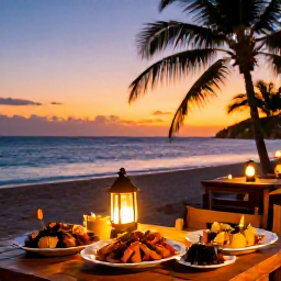 Caribbean Holidays, Haiti Beach Holidays, Haitian beachfront restaurant at sunset with local seafood dishes, warm lantern light, palm silhouettes and Caribbean Sea, realistic travel photography