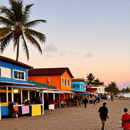 Caribbean Holidays, Haiti Beach Holidays, Haitian seaside town at sunset with colourful buildings, a lively food stall, palm trees and visitors enjoying local cuisine