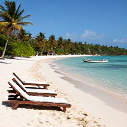 Caribbean Holidays, Haiti Beach Holidays, Quiet Haitian beach with sun loungers, clear shallow water, tropical vegetation and a small local fishing boat, realistic travel photography