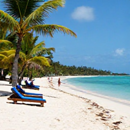 Caribbean Holidays, Haiti Beach Holidays, Quiet Haitian sandy beach beside clear blue water, with loungers, tropical vegetation and travellers enjoying a peaceful summer day
