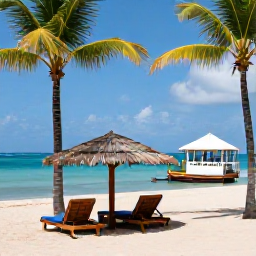 Caribbean Holidays, Haiti Beach Holidays, Relaxed Haitian beach resort in September with shaded loungers, swaying palms, calm turquoise sea and a small local caf&eacute;
