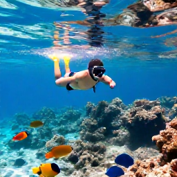Caribbean Holidays, Haiti Beach Holidays, Traveller snorkelling in clear Caribbean water near Haiti, colourful fish, rocky reef and sunlit surface, realistic travel photography