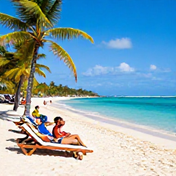 Caribbean Holidays, Haiti Beach Holidays, Travellers relaxing beside a beautiful Haitian beach, with clear Caribbean water, sun loungers, palm-fringed shore and bright December sunshine