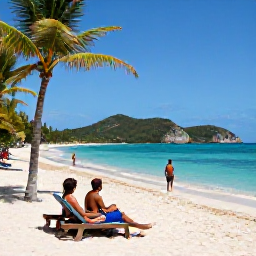 Caribbean Holidays, Haiti Beach Holidays, Travellers relaxing beside a beautiful Haitian beach, with clear Caribbean water, sun loungers, shady palms and low green hills in the background