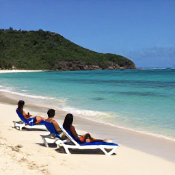 Caribbean Holidays, Haiti Beach Holidays, Travellers relaxing on a peaceful Haitian beach in June, with sun loungers, clear water and green hills in the background