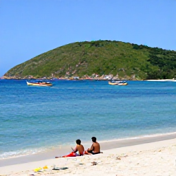 Caribbean Holidays, Haiti Beach Holidays, Travellers relaxing on a peaceful Haitian beach, with clear blue sea, green hills and colourful local boats in the distance