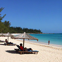 Caribbean Holidays, Haiti Beach Holidays, Travellers relaxing on a peaceful Haitian beach, with shaded loungers, clear blue water and local scenery