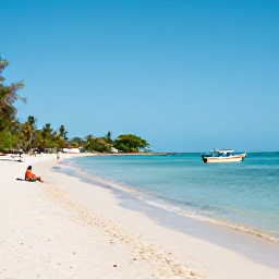 Caribbean Holidays, Haiti Beach Holidays, Travellers relaxing on a scenic Haitian beach in March, with calm blue water, tropical vegetation and a small boat offshore