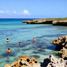 Caribbean Holidays, Haiti Beach Holidays, Travellers snorkelling in clear Haitian Caribbean water above a colourful reef, with rocky coastline and bright February sunshine