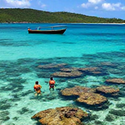 Caribbean Holidays, Haiti Beach Holidays, Travellers snorkelling in clear Haitian Caribbean water near a colourful reef, with a small wooden boat offshore and green hills in the distance