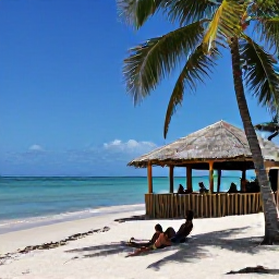 Caribbean Holidays, Haiti Beach Holidays, Visitors relaxing on a peaceful Caribbean beach in Haiti, with turquoise sea, shaded palm trees and a rustic beachfront restaurant