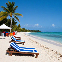 Caribbean Holidays, Haiti Beach Holidays, Visitors relaxing on a sandy Haitian beach beside calm blue Caribbean water, with sun loungers, palms and a small beach caf&eacute;